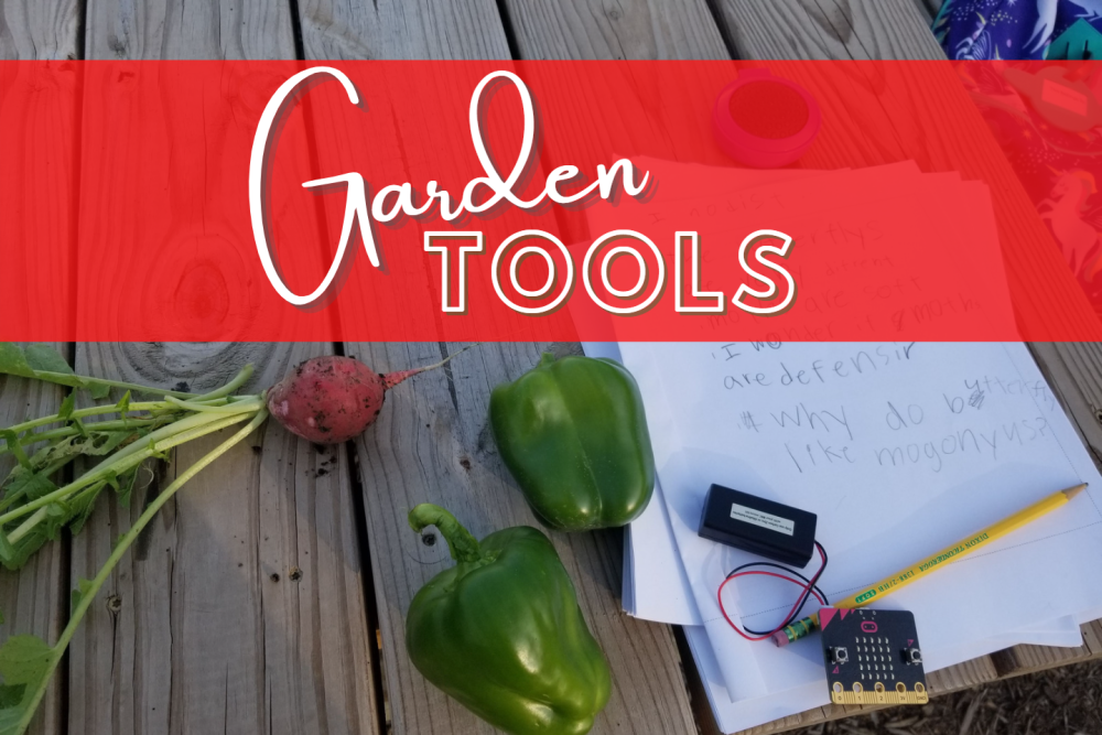 Garden vegetables, student notebook, and environmental sensor on a picnic table