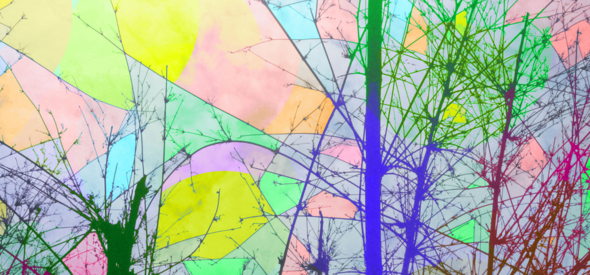 Abstract art featuring trees and stained glass.