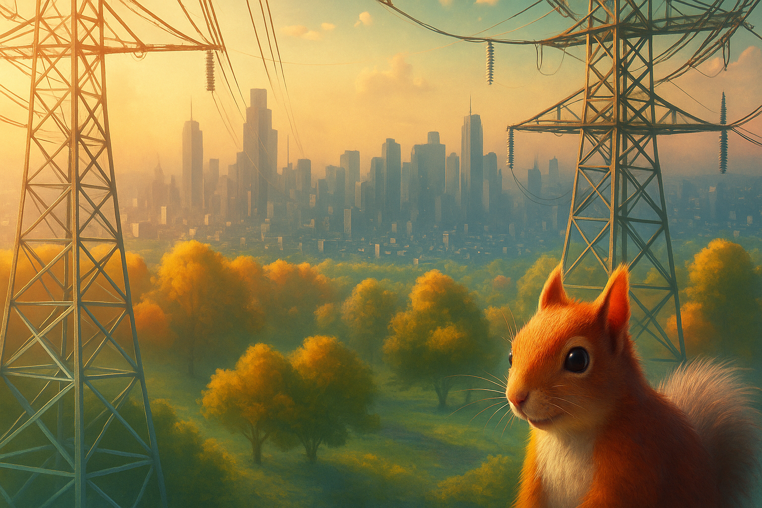 Mischievous squirrel in front of power lines leading to a city